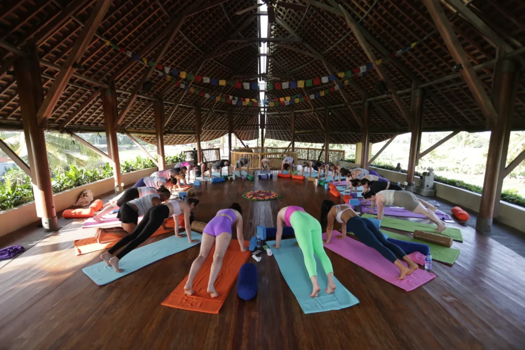 Group yoga class practicing in a wooden pavilion with colorful mats.