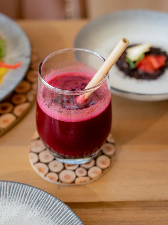 A healthy red drink from a fresh ingredients