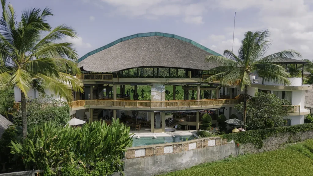 Front view of the Bali Floating Leaf building showcasing its unique architecture